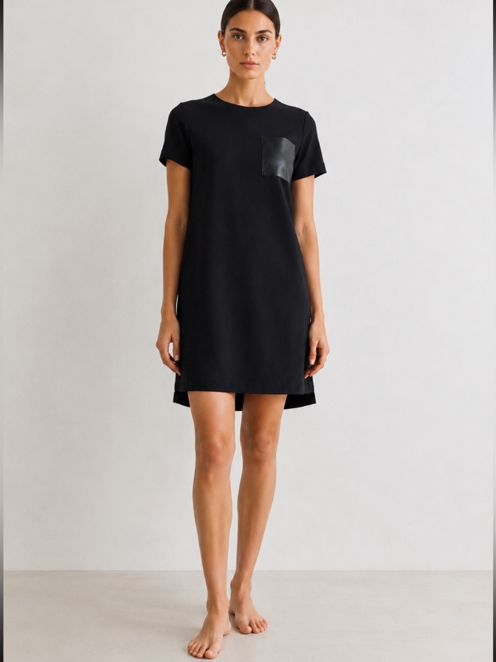 Madewell Leather Pocket T-Shirt Shift Dress XXS Black High Low Hem Minimalist
